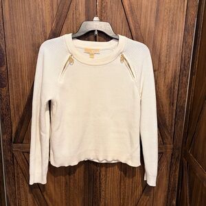 Michael Kors Cream Knit Sweater Gold Zip Shoulder Detail Size M